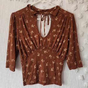 Free People Brown & Cream Floral Polka-dot three forth sleeve top size xs